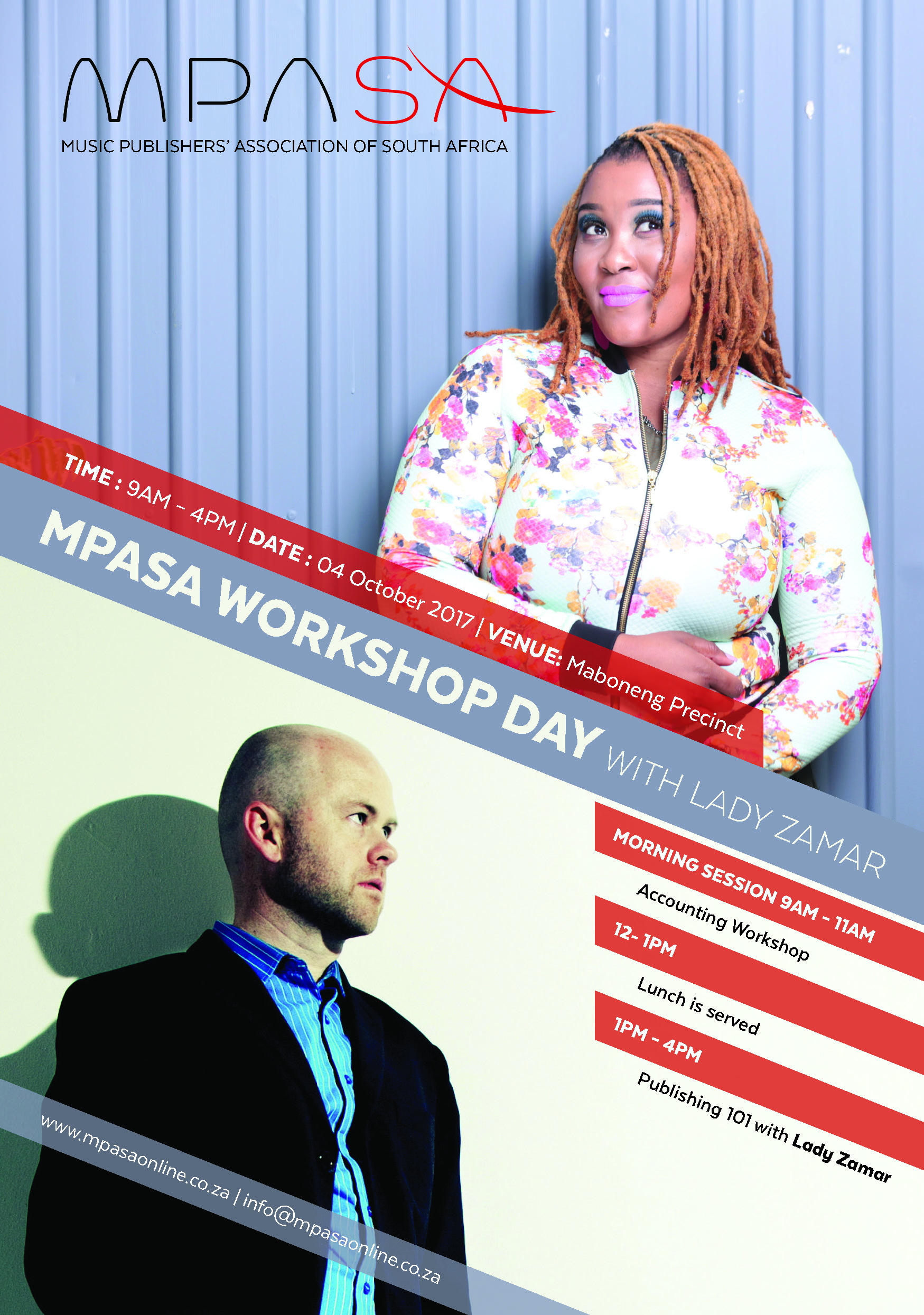 Event poster for MPASA Workshop Day. Top right shows Lady Zamar in a floral jacket; bottom left, a bald man in a suit with a beard. Red banner lists times, date (04 Oct 2017), venue, and sessions: accounting, lunch, and publishing.
