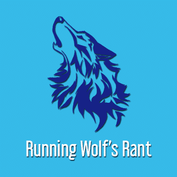 A stylized blue wolf head howling is centered on a light blue background. Below the wolf, white text reads "Running Wolf's Rant" in a bold sans-serif font.