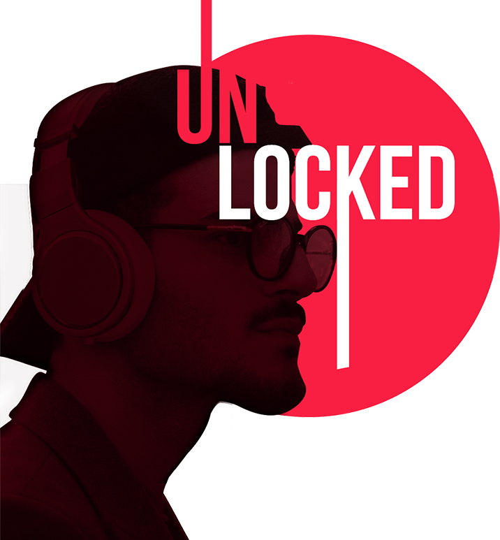 A person wearing glasses, headphones, and a cap is shown in profile with a serious expression. The background is a large red circle. Overlapping the image, bold white text reads “UNLOCKED,” with “UN” and “LOCKED” on separate lines.