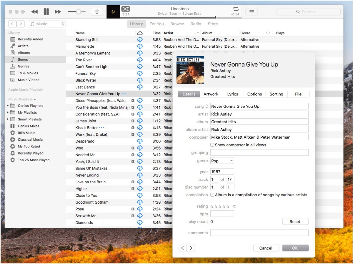 Screenshot of iTunes on a Mac shows a playlist with songs, including “Never Gonna Give You Up” by Rick Astley. A dialog box displays detailed track info with fields like name, artist, album, genre, and year. Orange autumn trees are visible in the desktop background.
