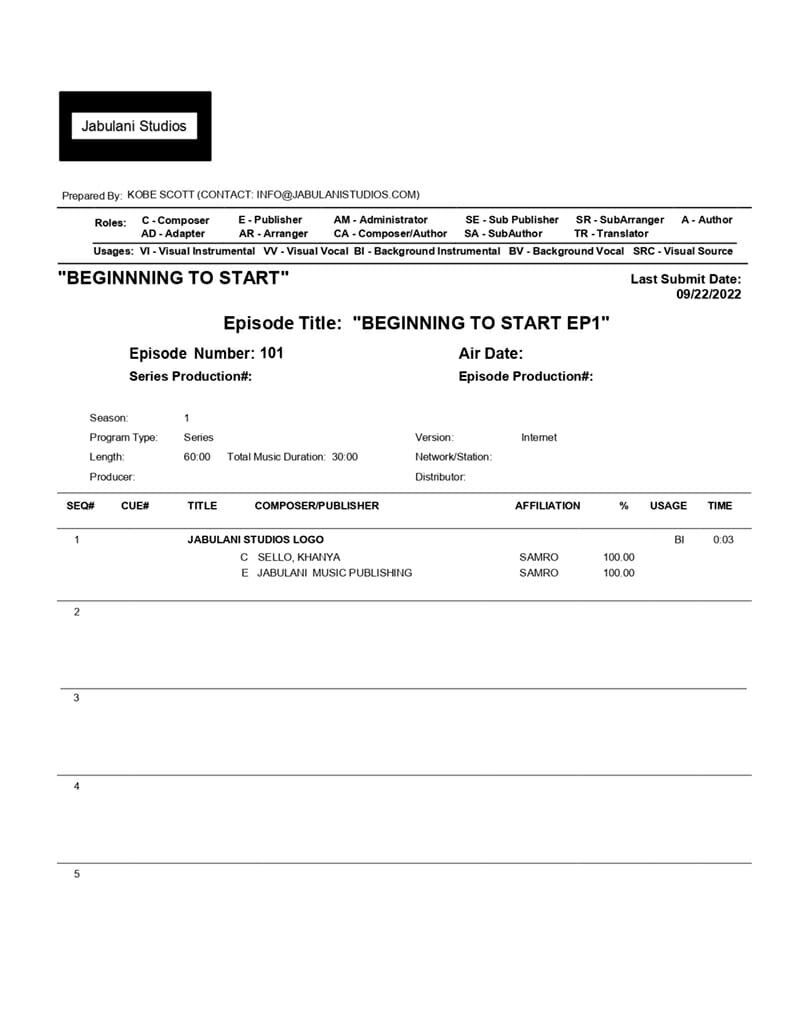 A production cue sheet for "BEGINNING TO START EP1" from Jabulani Studios, listing cue details like type, composer, publisher, and usage times. The form is structured in a table; episode info and contact details are given at the top.