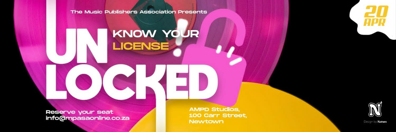 A vivid promo for "UNLOCKED: Know Your License" features large white and yellow text over a pink vinyl record graphic, with event details: 20 April, AMPD Studios, 100 Carr Street, Newtown. RSVP email and music association logo are included.