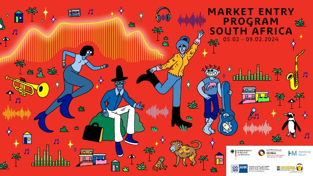 Colorful illustration with four diverse characters playing instruments and dancing among plants and animals, set on a red background. Waves, cityscapes, and musical notes surround them. Text reads: “Market Entry Program South Africa 05.02 - 09.02.2024.” Logos below.