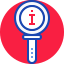 A blue and white magnifying glass icon with a red lowercase "i" in the centre, symbolising information. The magnifying glass is set against a solid red circular background.