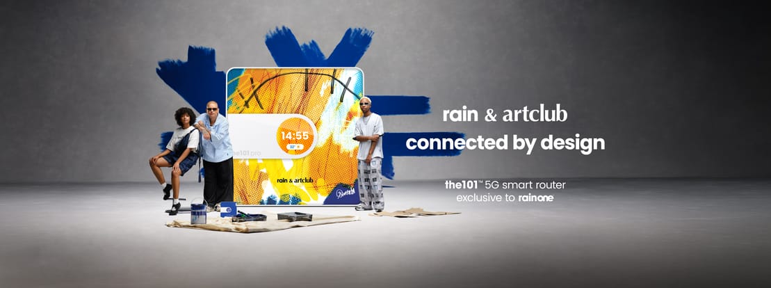 Three people pose around a large, art-inspired 5G smart router with a bright design. Blue paint strokes are in the background. Member Feature text reads: "rain & artclub connected by design. the101 5G smart router exclusive to rainone.